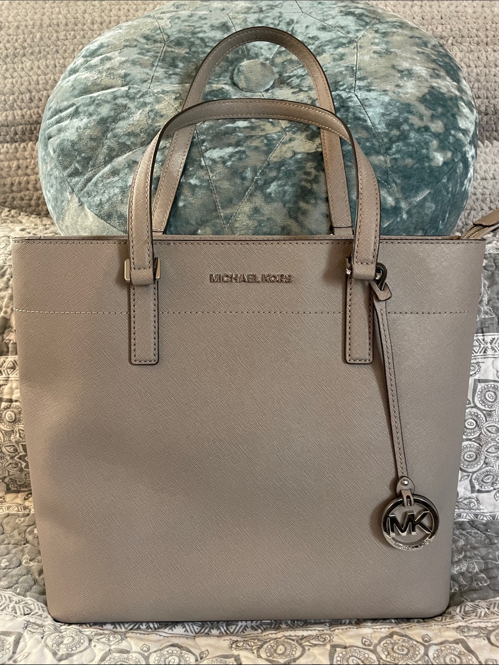 Michael Kors Gray Saffiano Medium Leather Tote with MK Charm
